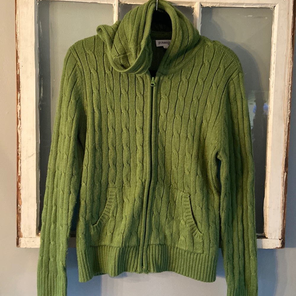 green, zip up, hooded sweater